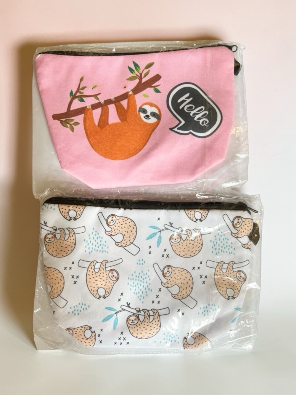 Sloth Print Cosmetic Bags Set - Pink & White